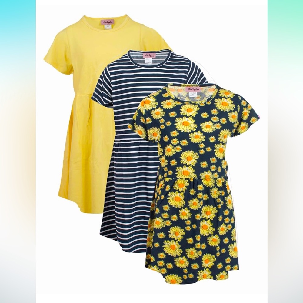New MISS POPULAR Girls 3 Pack Short Sleeve Skater Dress Soft Cotton Cute Designs